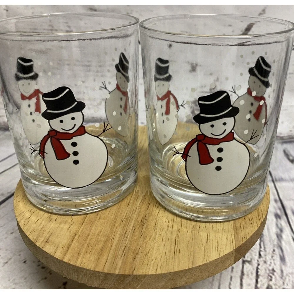 Pasabahce Vintage Christmas Snowmen Glasses Lowball Tumblers Bar Set of 2